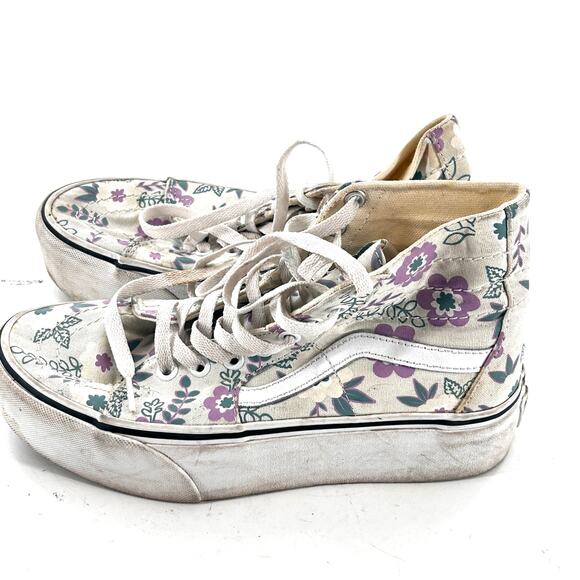 Vans Sk8 Hi Canvas Shoe 7.5 Womens Floral Flower White Sneakers High Top - Picture 4 of 8